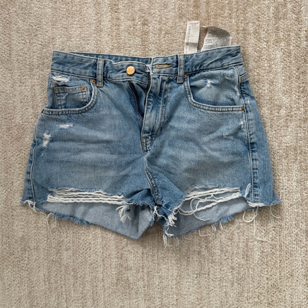 Zara Distressed Denim Shorts - Light Blue